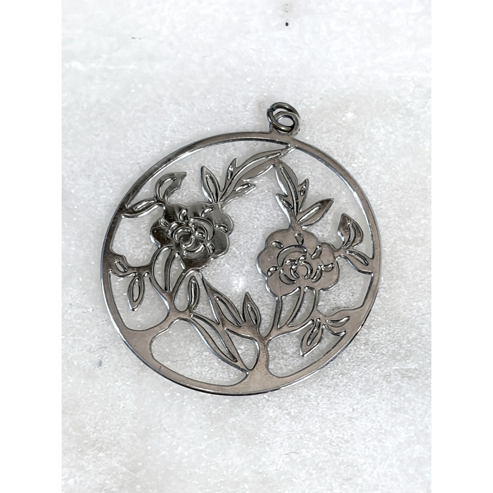 Vintage Silver Tone Rose Flower Cutout Round Openwork Pendant Charm No Chain